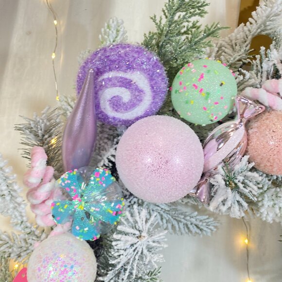 Peppermint Square Pastel Candy Frosted Pine 24" Holiday Christmas Wreath Rare - Picture 14 of 16